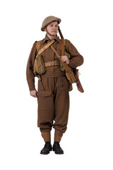 The man is an actor in vintage military uniform of the American soldier, period World War I, 1914-1918