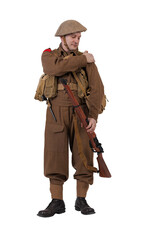 The man is an actor in vintage military uniform of the American soldier, period World War I, 1914-1918