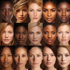 Obraz premium Fifteen portraits of women of different races. Beauty of a female. Model management. Racial diversity. Skin tones. Black and white ladies. Casting to a modelling agency. Collage of phenotypes. Genes