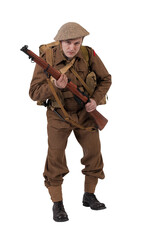 The man is an actor in vintage military uniform of the American soldier, period World War I, 1914-1918