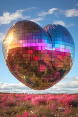 Fototapeta premium heart shape disco ball floating in the air with natural scene 