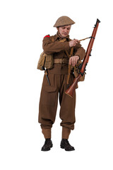 The man is an actor in vintage military uniform of the American soldier, period World War I, 1914-1918