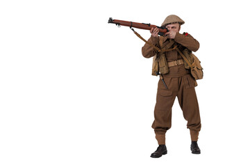 The man is an actor in vintage military uniform of the American soldier, period World War I, 1914-1918