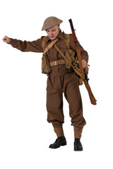 The man is an actor in vintage military uniform of the American soldier, period World War I, 1914-1918