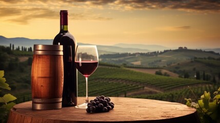 A composition of a bottle and a glass of red wine on a wooden barrel against the background of a vineyard and the sky at sunset. Alcoholic beverages, agricultural production concepts.