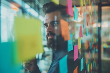 Portrait of a handsome young man with a beard looking at the camera while standing in front of a window with adhesive notes