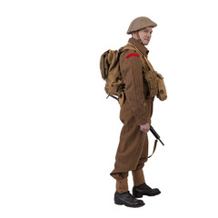 The man is an actor in vintage military uniform of the American soldier, period World War I, 1914-1918