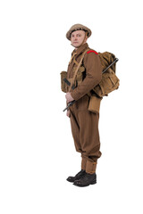 The man is an actor in vintage military uniform of the American soldier, period World War I, 1914-1918