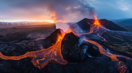 Aerial view of erupting volcano and flowing lava