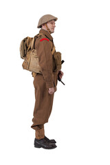 The man is an actor in vintage military uniform of the American soldier, period World War I, 1914-1918