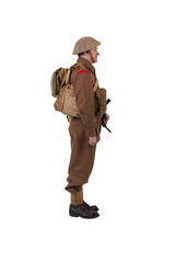 The man is an actor in vintage military uniform of the American soldier, period World War I, 1914-1918