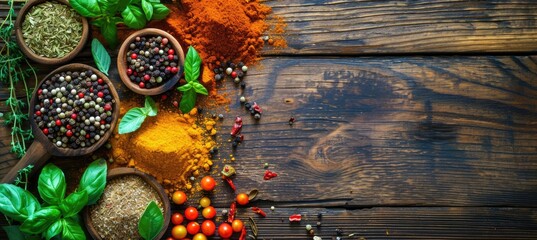 Colorful spices and herbs on a wooden background.