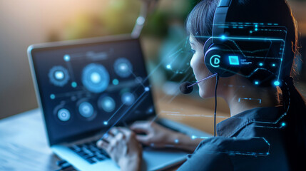 Customer care person working on computer, wearing headset, technological blue matrix background