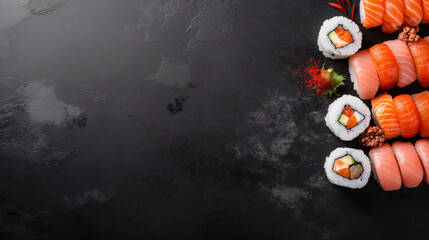 Fototapeta na wymiar Sushi and sushi roll set on black stone table