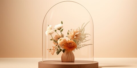Product display stage with wooden podium, glass vase, and flower bouquet on beige background.