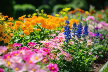 Obraz premium Multi-colored flower bed in the park. Outdoor summer gardening.