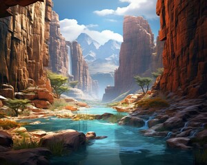 A river flowing through a vibrant canyon, with towering rock walls on either side and the water carving its way through the rugged terrain.