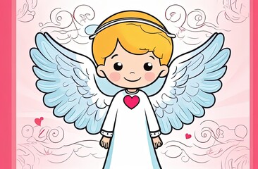 Fototapeta premium Illustration of greeting card white, cute, funny baby cupid angel with gold curly hair on pastel colors background. Promotion, shopping template for love and valentines, mothers day concept. Flat lay.