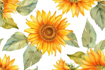 Watercolor retro sunflowers background, seamless pattern