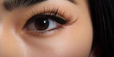 Close-up of Dark Brown Asian Eyelashes and Eye with Dramatic Makeup
