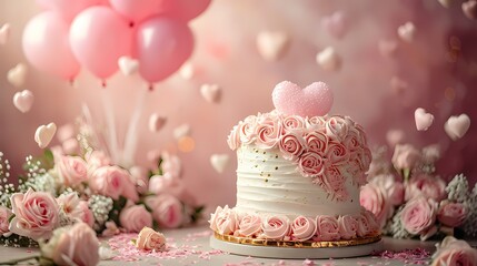 sweet pink and white cake with roses and balloon, for birthday, anniversary and special occasion  - obrazy, fototapety, plakaty