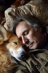 Obraz premium elderly man sleeping with dog