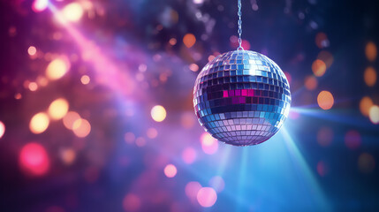 Disco ball on a night club. Party invitation concept. AI generated image.