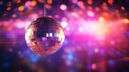 Disco ball on a night club. Party invitation concept. AI generated image.