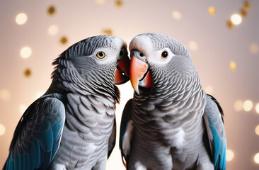 Obraz premium African grey parrot pair tenderly kissing on a festive background. Parrots couple affectionately bonding, making out. Valentine Day animal postcard, greeting card. Bird big love. Happy Valentine's Day