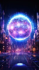 Fototapeta premium Futuristic Neon Cityscape with a Glowing Orb and Digital Matrix Background