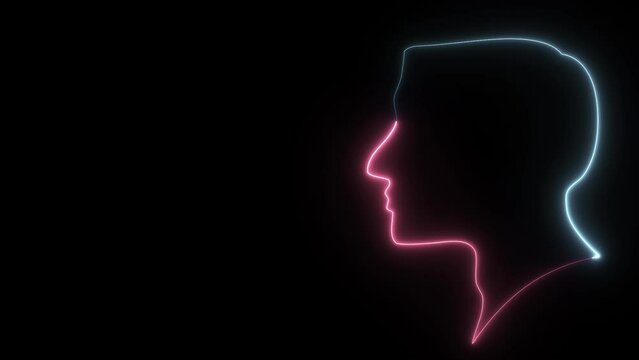 Glowing neon human head and silhouette icon isolated on black background. Motion graphic , human anatomy and science concept.