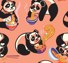 Seamless pattern with cute pandas eating ramen noodles