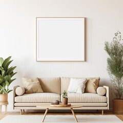 Contemporary Living Room Mockup: Blank Poster Frame on Stylish Sofa