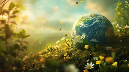 Obraz na płótnie Canvas Earth Day background wallpaper, planet earth in nature, go green, ecology, plants