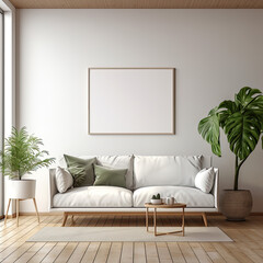 Contemporary Living Room Mockup: Blank Poster Frame on Stylish Sofa