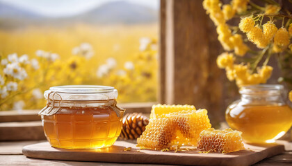 delicious honey in golden light at home close to window