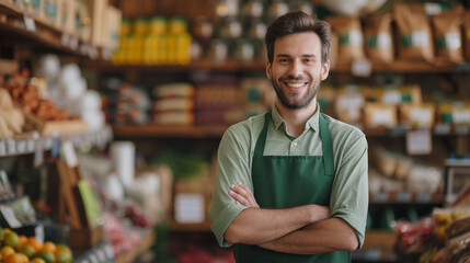 Fototapeta premium Salesman in green apron in grocery shop. 