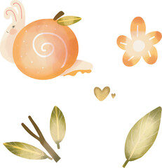 Vector hand drawn watercolorstyle illustration set of flower, a cute snail and leaves clipart. Cute snail watercolor style. Snailvector art