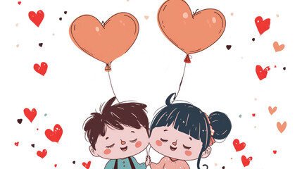 Illustration of a girl with a boy with balloons on a festive white background with space for text. Valentine's Day card
