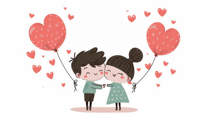 Illustration of a girl with a boy with balloons on a festive white background with space for text. Valentine's Day card