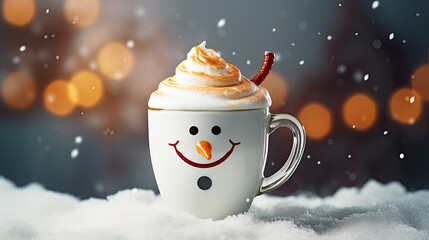 Cup of coffee or hot chocolate with snowman on it. Winter cozy hot drink with milk foam. Holiday background with copy space. Christmas and New Year time. - obrazy, fototapety, plakaty
