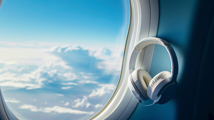 White headphones on blue plane