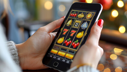 Hand holding smartphone with online casino and gaming, gambling on device concept. Close up of male hands holding smartphone with creative slot machine and other games close up. Slot machine on phone