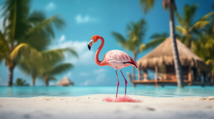 Beautiful pink flamingo on the white sand beach. AI generated image.