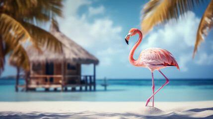Beautiful pink flamingo on the white sand beach. AI generated image. - obrazy, fototapety, plakaty