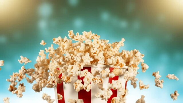Super Slow Motion of Exploding popcorn from Bucket. Composite Shot. Isolated on Colored Background. Studio Shot of Flying Food. Filmed on High Speed Cinema Camera, 1000fps. Speed Ramp Effect.