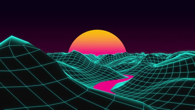 Retro style landscape river and sun. looped animation