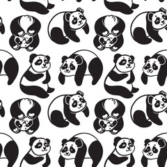 Black and white cute cartoon pandas. Seamless pattern in vector