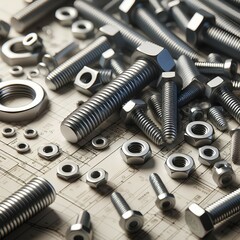 A lot of steel screws, bolts and nuts are on the paper drawing