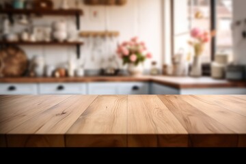 Close-up plane of the table, the kitchen interior is blurred in the background